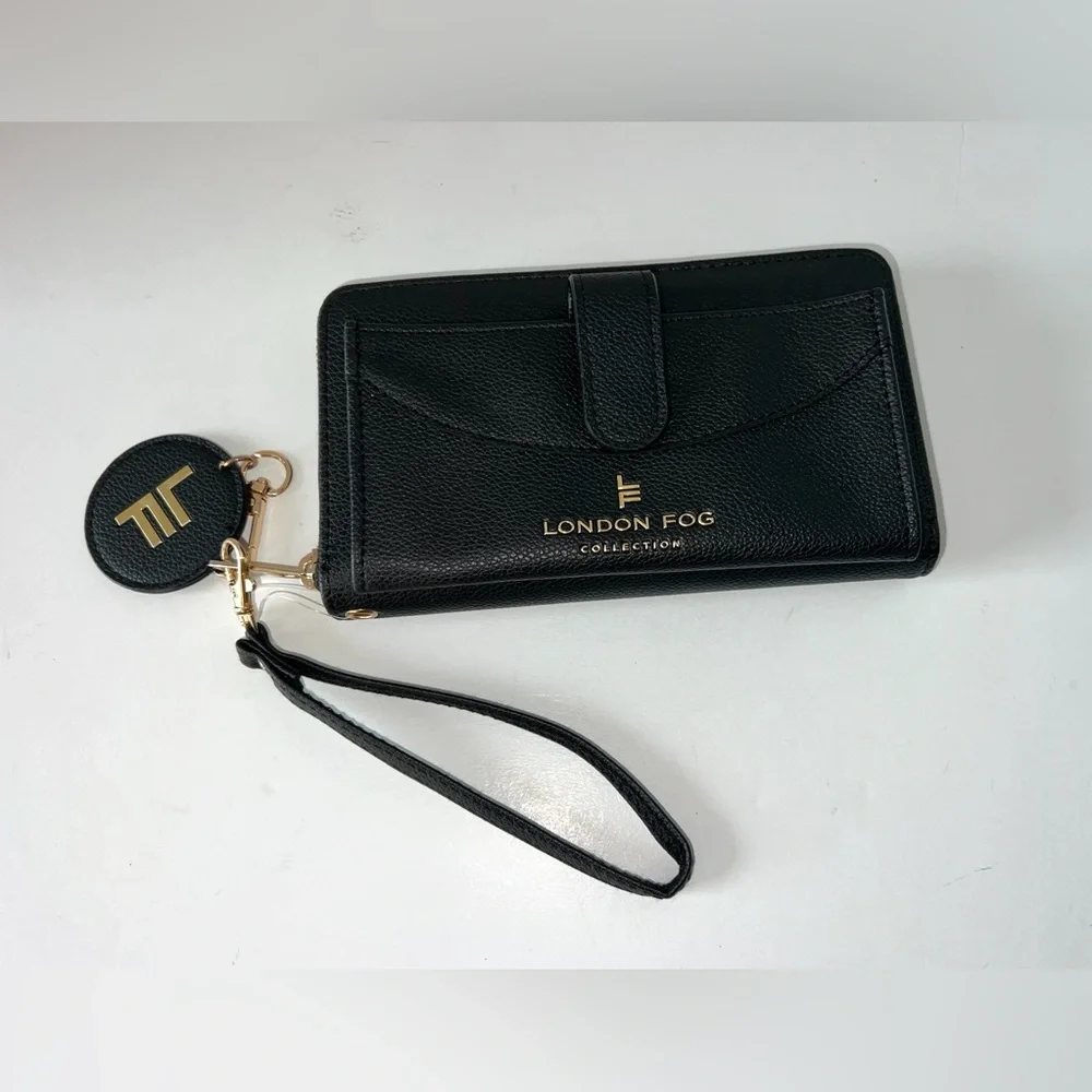 London Fog Black Felicity Pebble Zip Around Wristlet Wristlet with mirror‎